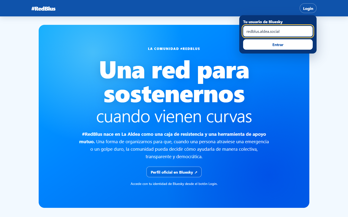 Formulario de Login de RedBlus abierto, con el usuario redblus.aldea.social escrito como ejemplo.